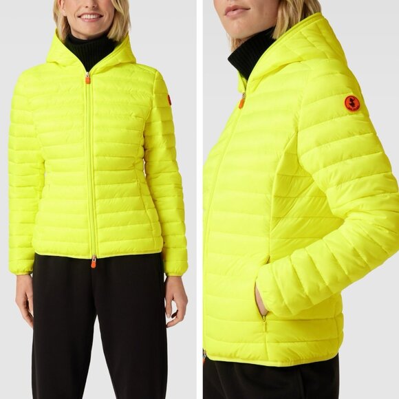 Save The Duck Lightweight Fluo Yellow Kyla Hooded Puffer Jacket Womens Medium - Picture 1 of 9